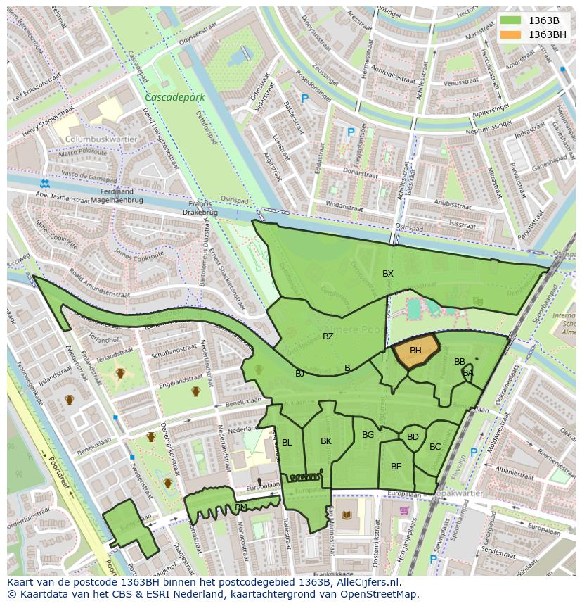 Afbeelding van het postcodegebied 1363 BH op de kaart.