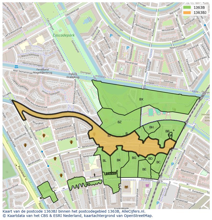 Afbeelding van het postcodegebied 1363 BJ op de kaart.