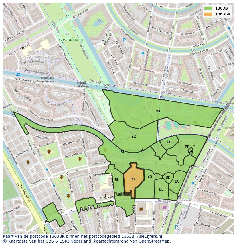 Afbeelding van het postcodegebied 1363 BK op de kaart.