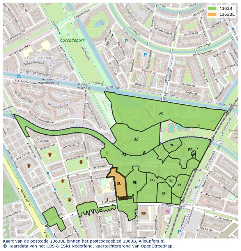Afbeelding van het postcodegebied 1363 BL op de kaart.
