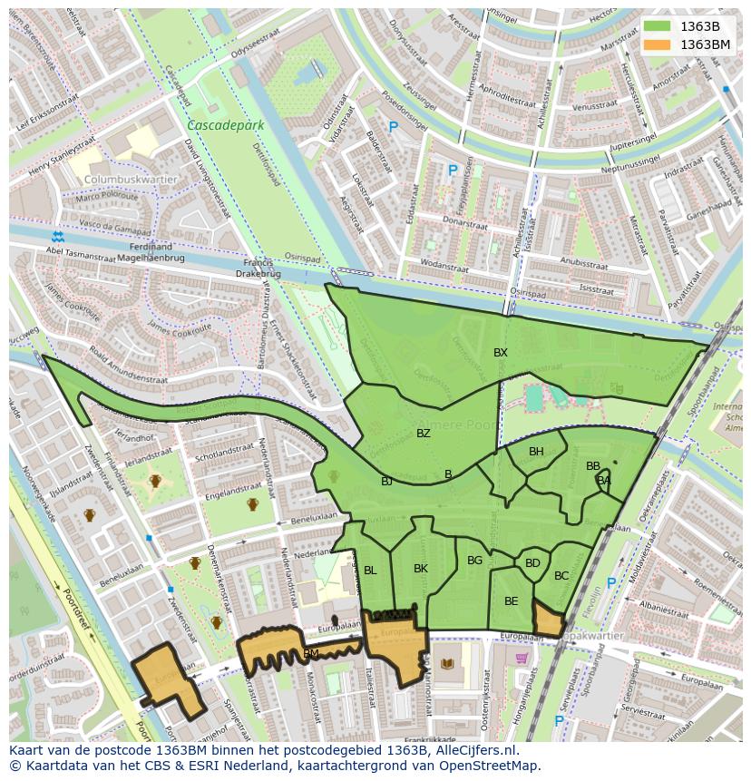 Afbeelding van het postcodegebied 1363 BM op de kaart.