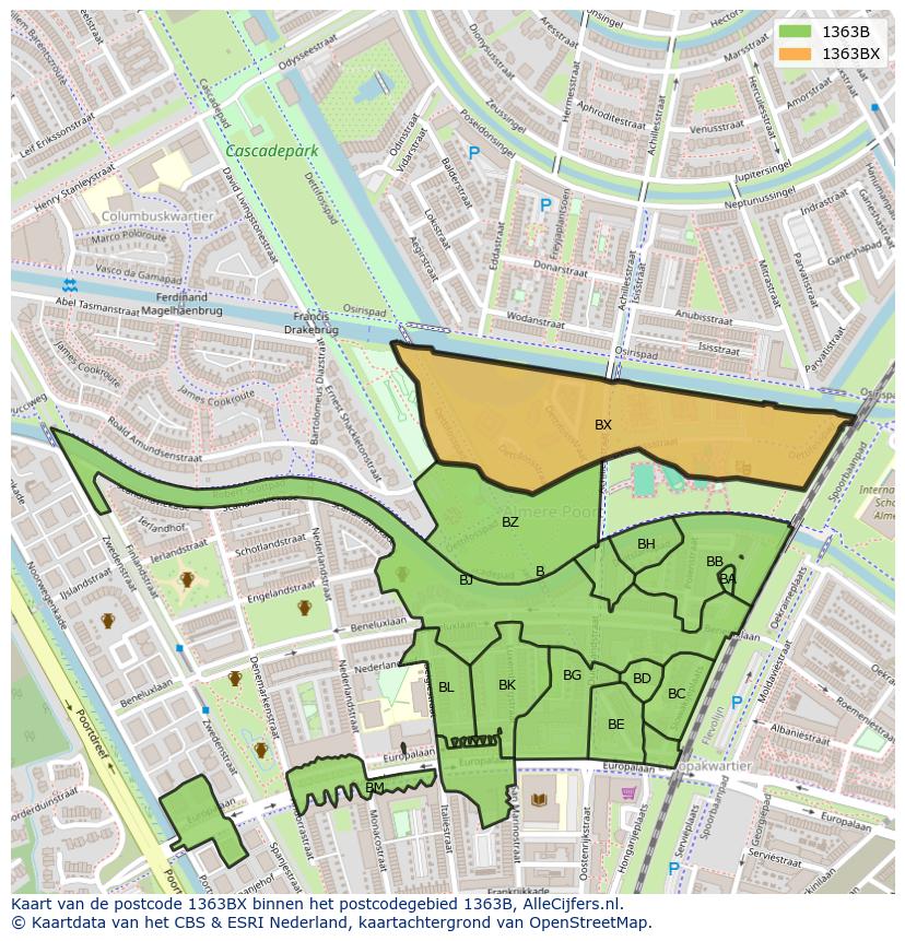 Afbeelding van het postcodegebied 1363 BX op de kaart.
