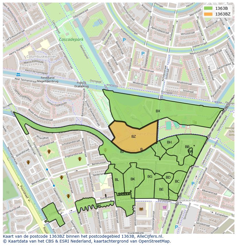 Afbeelding van het postcodegebied 1363 BZ op de kaart.