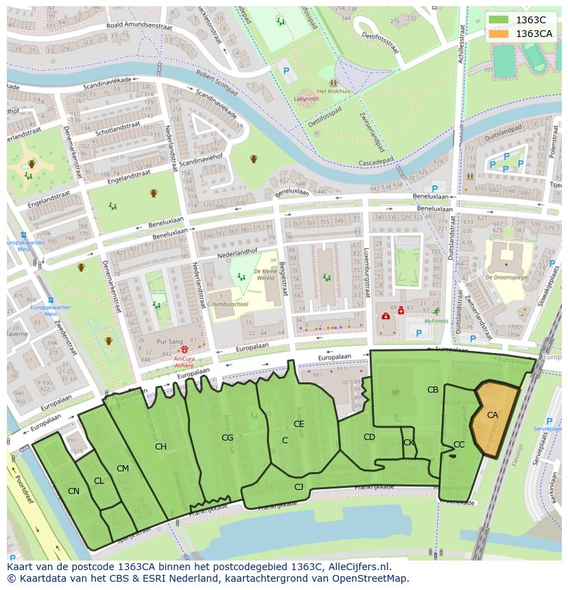 Afbeelding van het postcodegebied 1363 CA op de kaart.