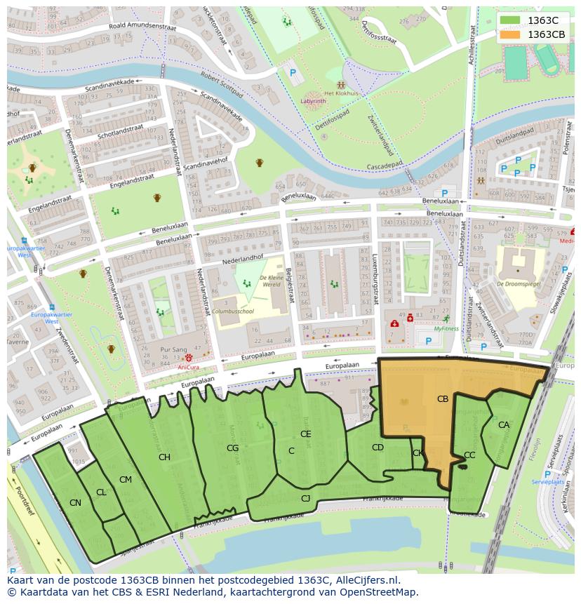 Afbeelding van het postcodegebied 1363 CB op de kaart.