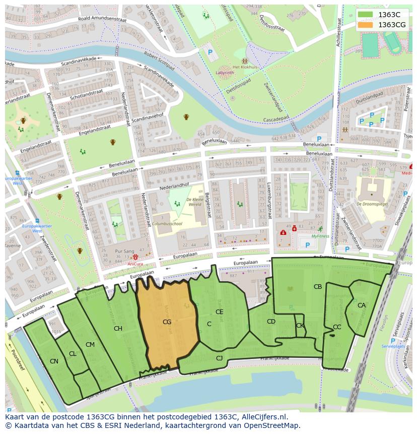 Afbeelding van het postcodegebied 1363 CG op de kaart.