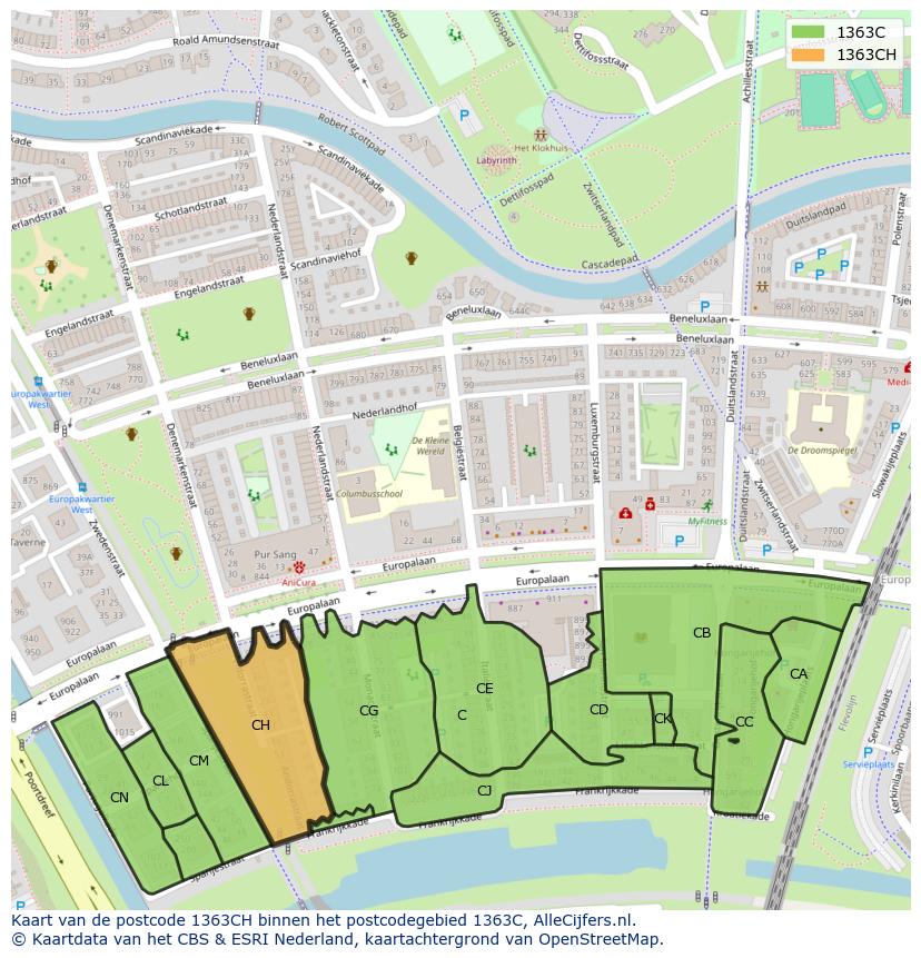 Afbeelding van het postcodegebied 1363 CH op de kaart.