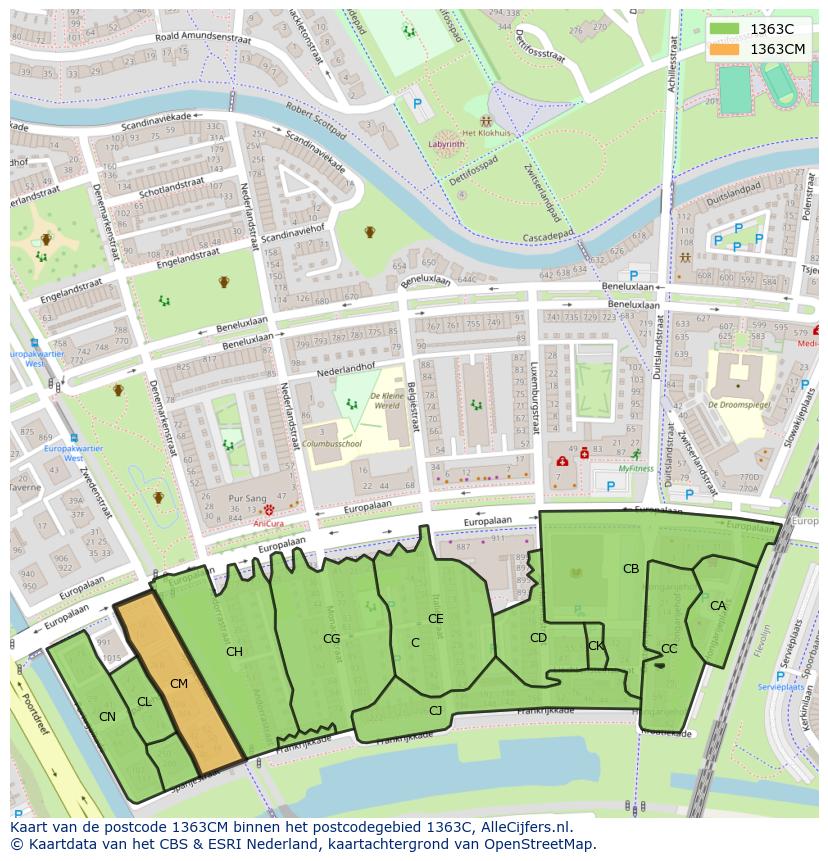 Afbeelding van het postcodegebied 1363 CM op de kaart.