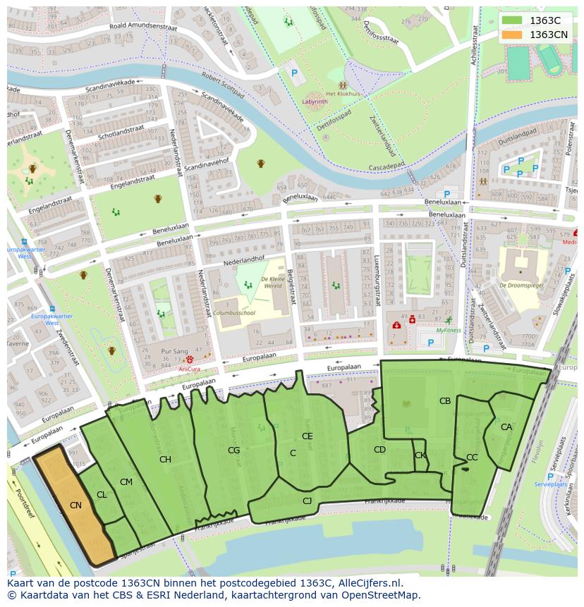 Afbeelding van het postcodegebied 1363 CN op de kaart.