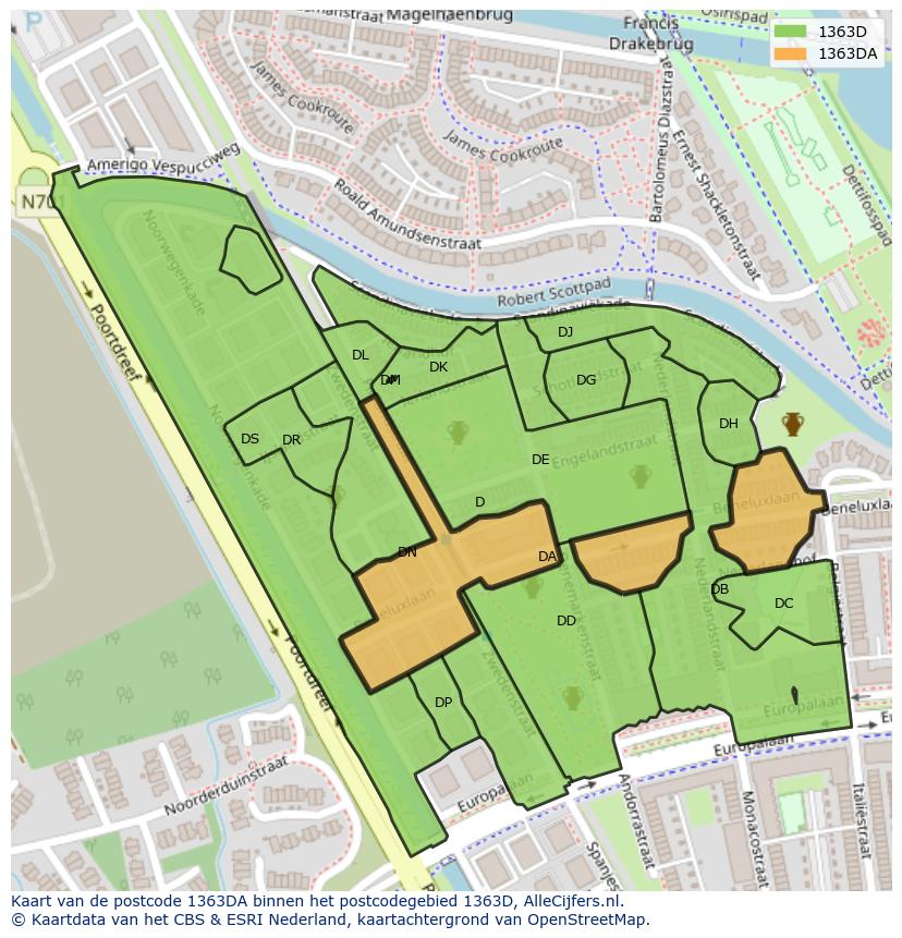 Afbeelding van het postcodegebied 1363 DA op de kaart.