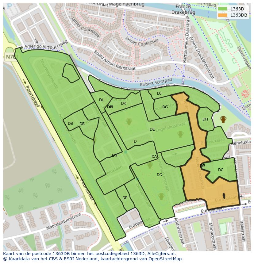 Afbeelding van het postcodegebied 1363 DB op de kaart.
