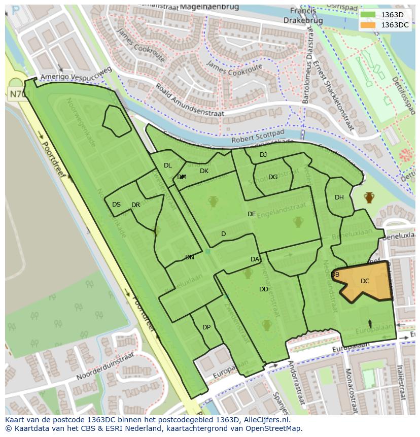 Afbeelding van het postcodegebied 1363 DC op de kaart.