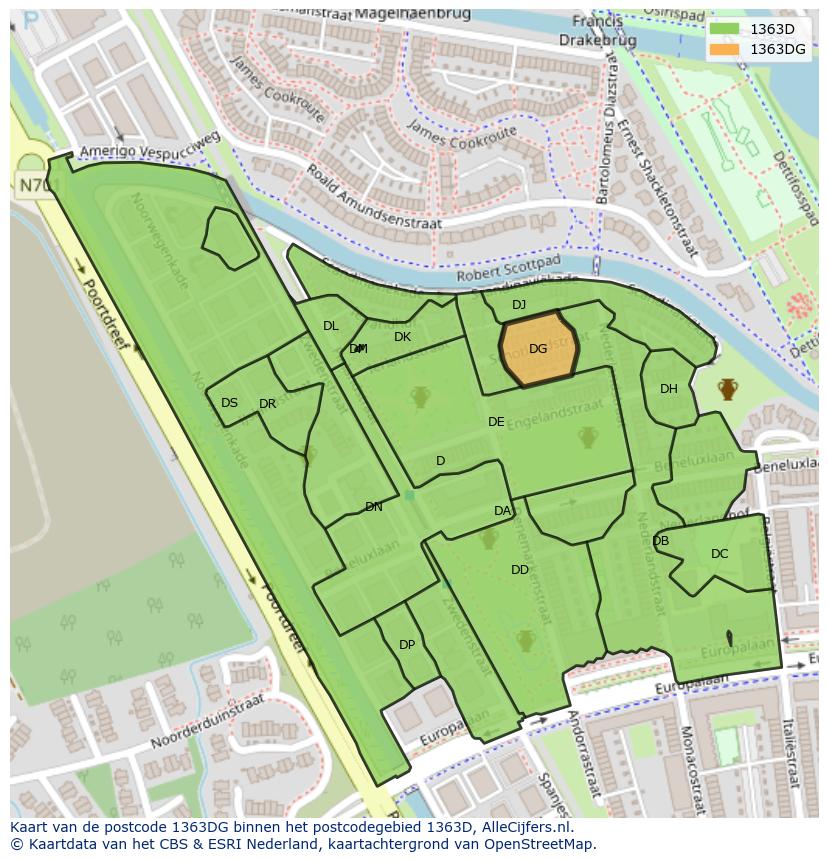 Afbeelding van het postcodegebied 1363 DG op de kaart.