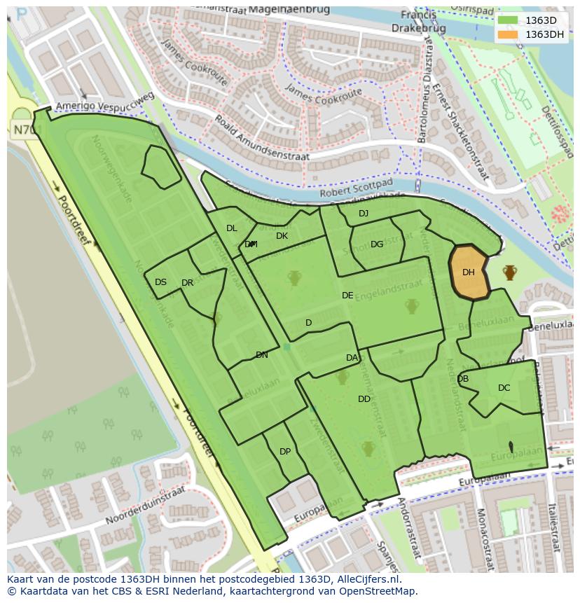 Afbeelding van het postcodegebied 1363 DH op de kaart.