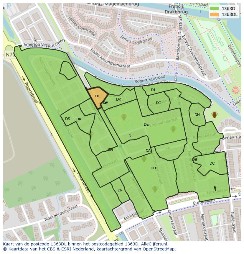 Afbeelding van het postcodegebied 1363 DL op de kaart.