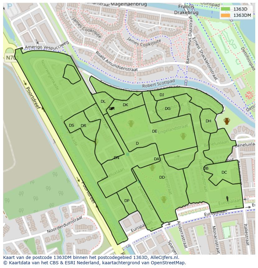 Afbeelding van het postcodegebied 1363 DM op de kaart.