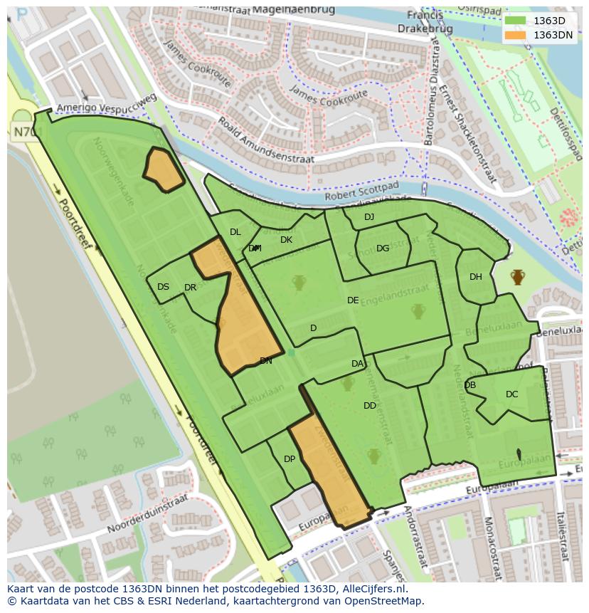 Afbeelding van het postcodegebied 1363 DN op de kaart.