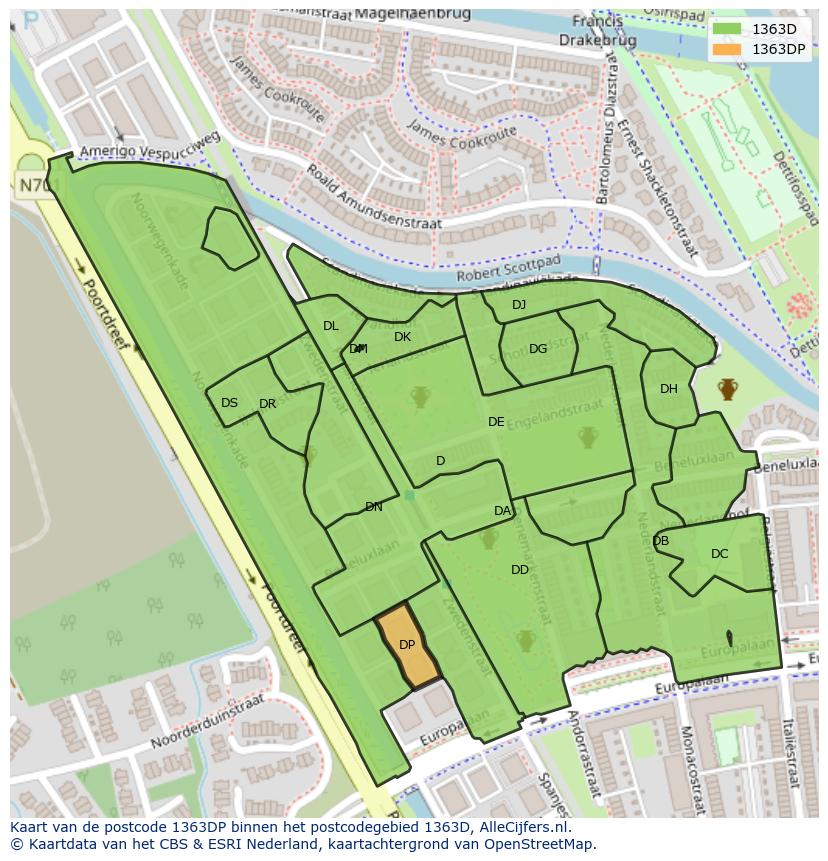 Afbeelding van het postcodegebied 1363 DP op de kaart.