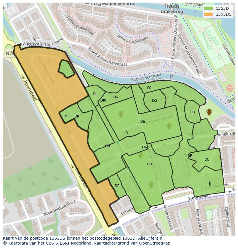 Afbeelding van het postcodegebied 1363 DS op de kaart.