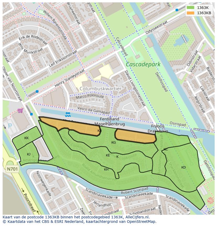 Afbeelding van het postcodegebied 1363 KB op de kaart.