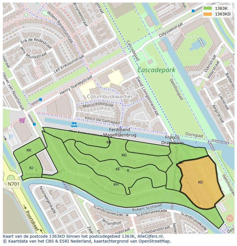 Afbeelding van het postcodegebied 1363 KD op de kaart.
