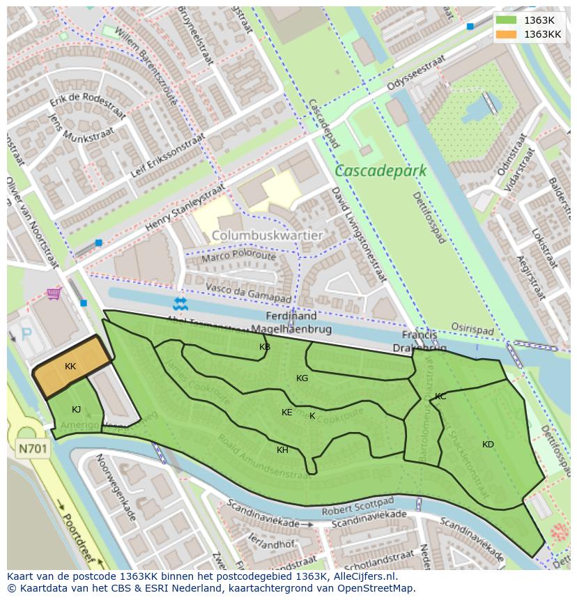 Afbeelding van het postcodegebied 1363 KK op de kaart.