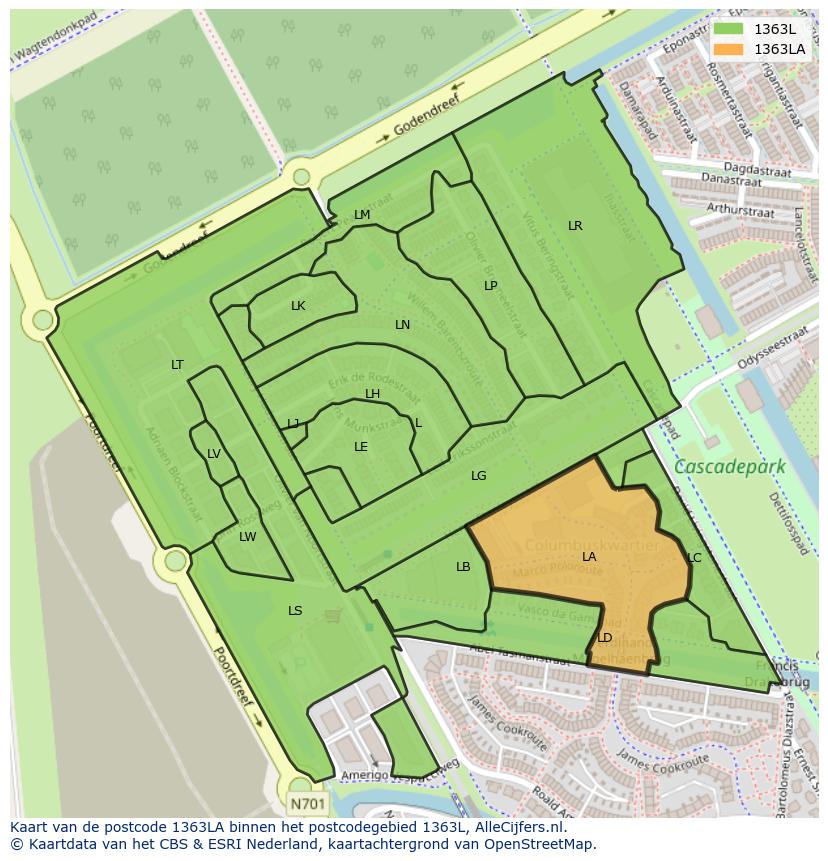 Afbeelding van het postcodegebied 1363 LA op de kaart.