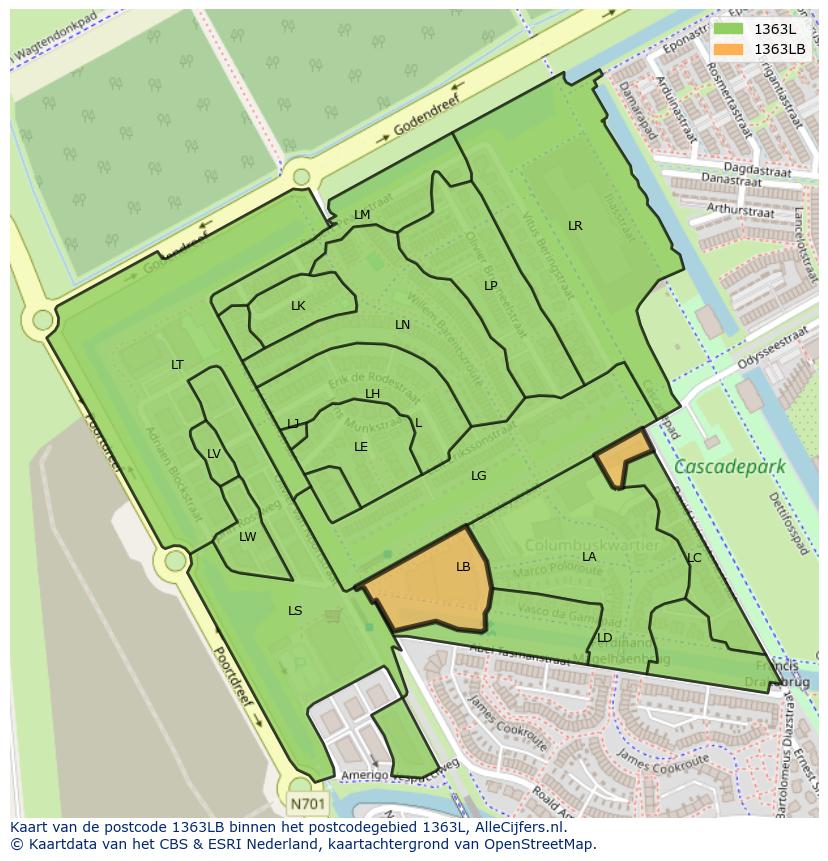 Afbeelding van het postcodegebied 1363 LB op de kaart.