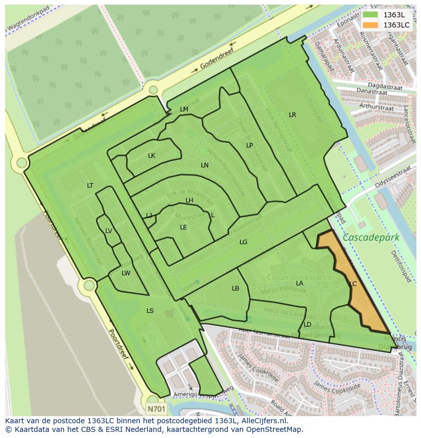 Afbeelding van het postcodegebied 1363 LC op de kaart.