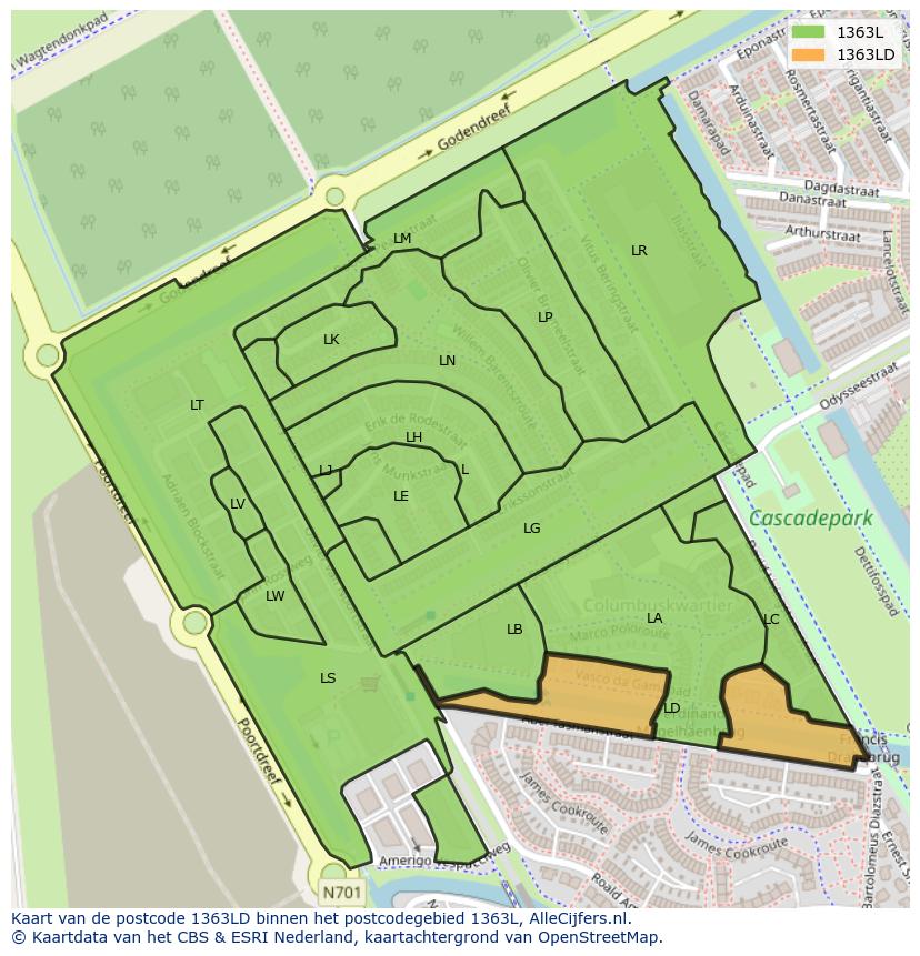 Afbeelding van het postcodegebied 1363 LD op de kaart.