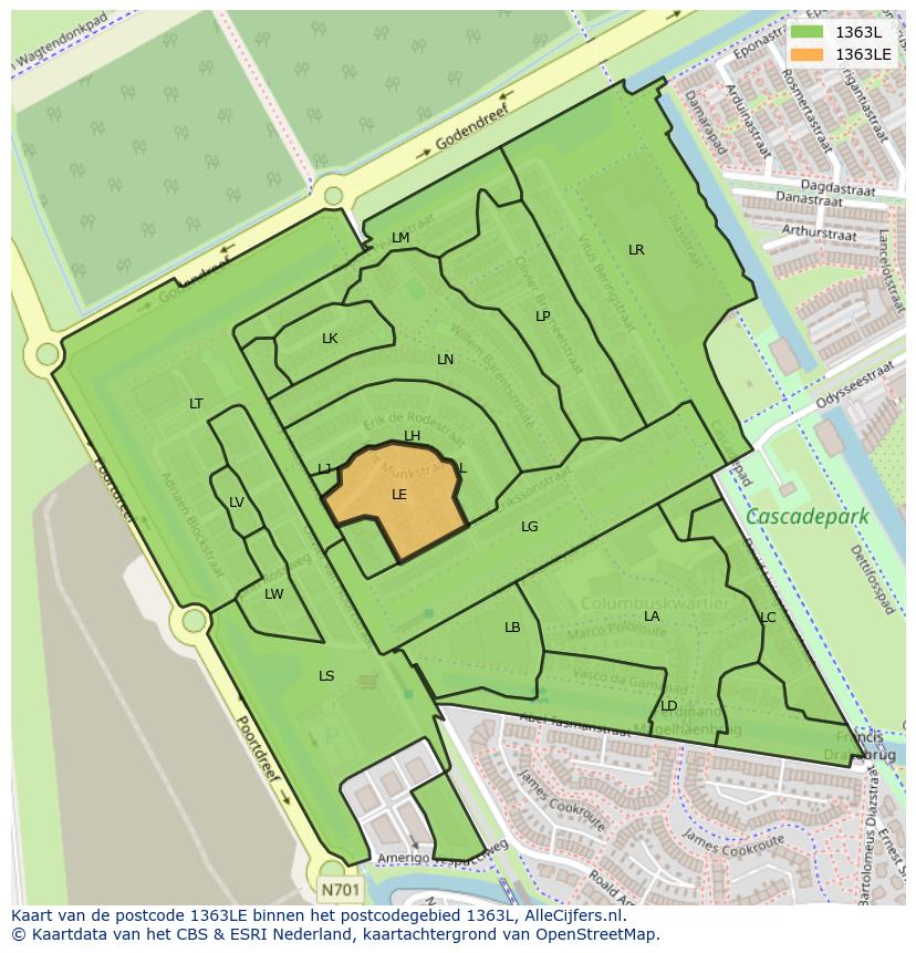 Afbeelding van het postcodegebied 1363 LE op de kaart.