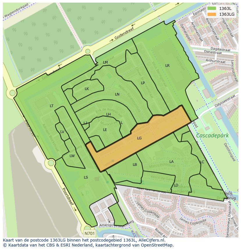 Afbeelding van het postcodegebied 1363 LG op de kaart.