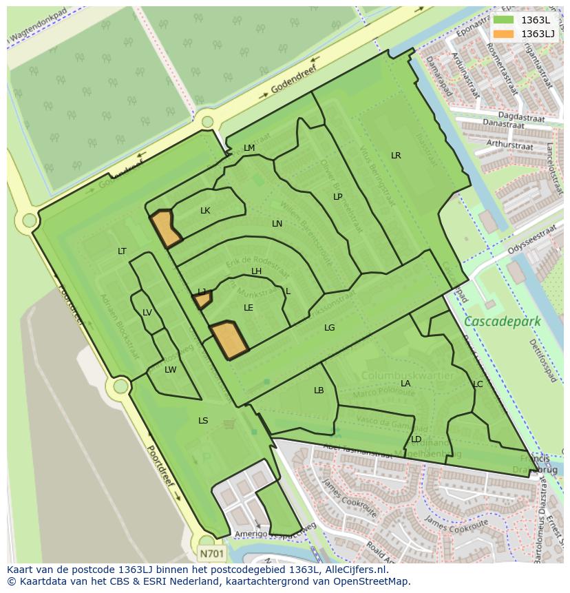 Afbeelding van het postcodegebied 1363 LJ op de kaart.