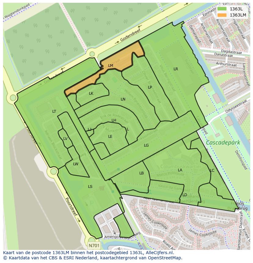 Afbeelding van het postcodegebied 1363 LM op de kaart.