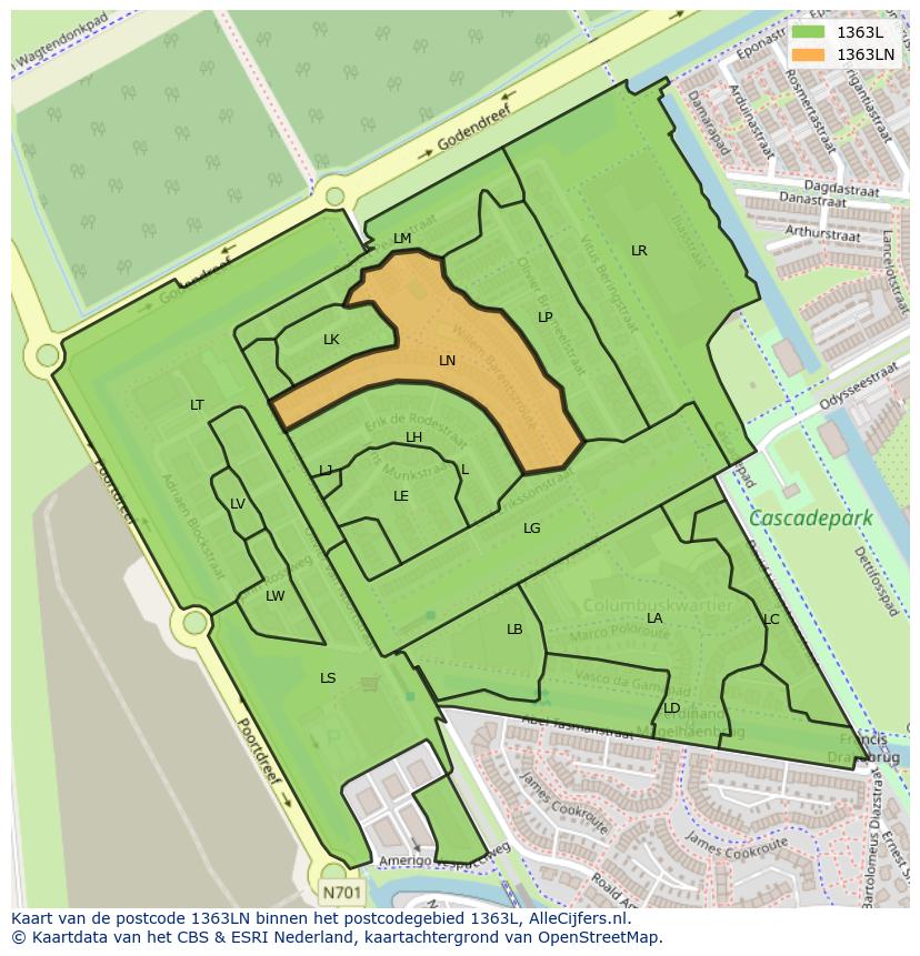 Afbeelding van het postcodegebied 1363 LN op de kaart.
