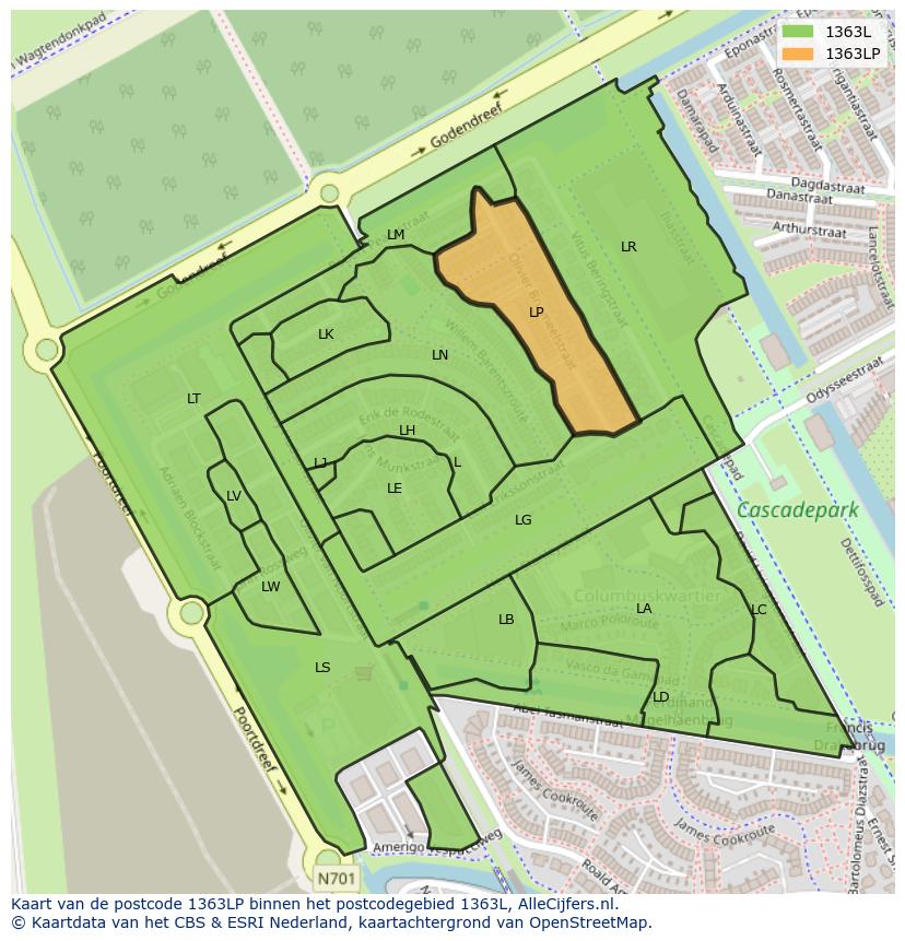 Afbeelding van het postcodegebied 1363 LP op de kaart.