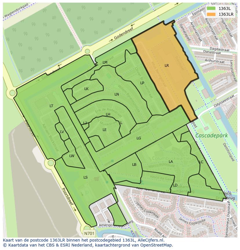 Afbeelding van het postcodegebied 1363 LR op de kaart.