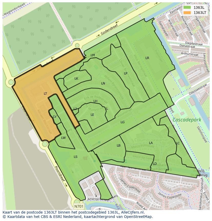 Afbeelding van het postcodegebied 1363 LT op de kaart.
