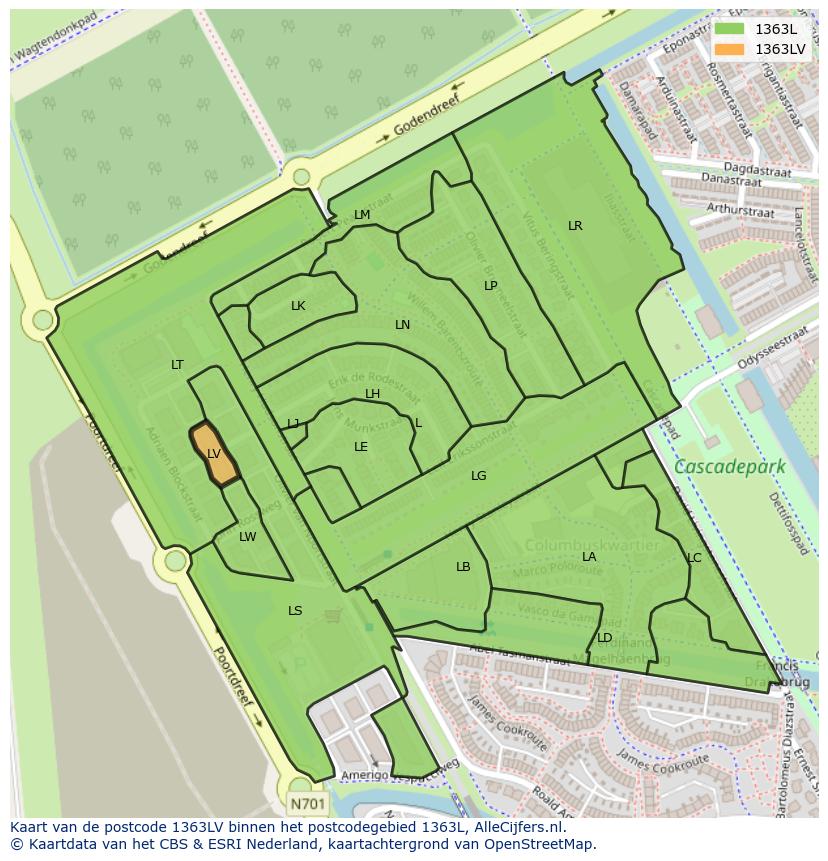 Afbeelding van het postcodegebied 1363 LV op de kaart.