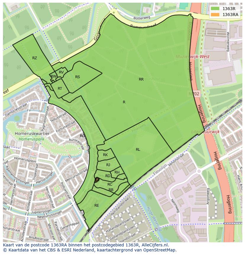 Afbeelding van het postcodegebied 1363 RA op de kaart.