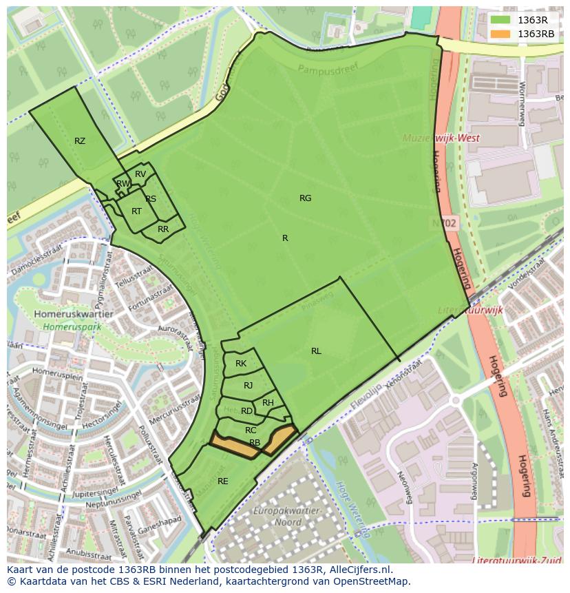 Afbeelding van het postcodegebied 1363 RB op de kaart.