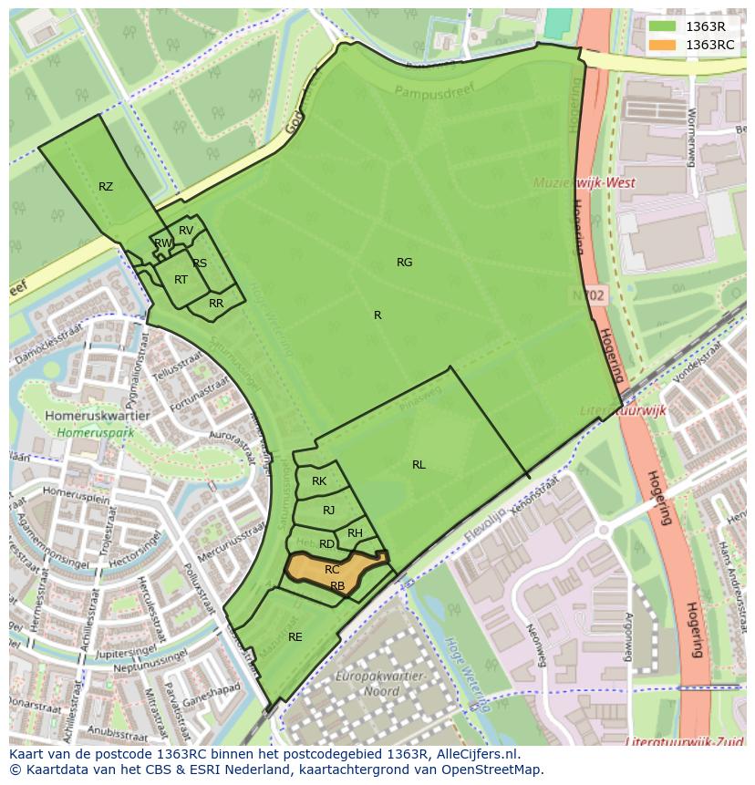 Afbeelding van het postcodegebied 1363 RC op de kaart.
