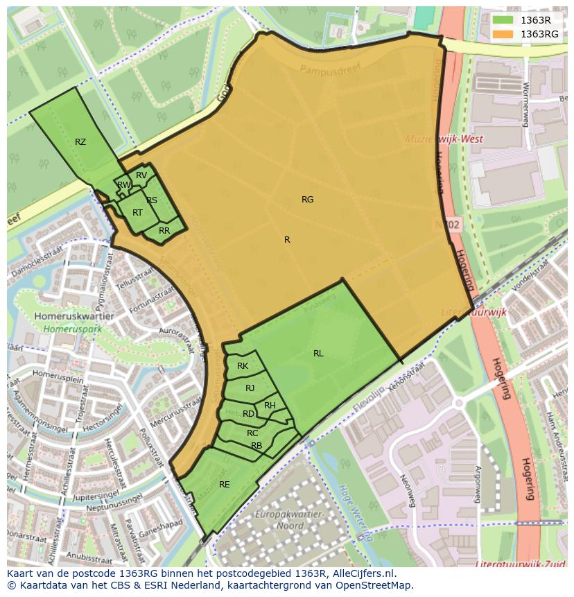 Afbeelding van het postcodegebied 1363 RG op de kaart.