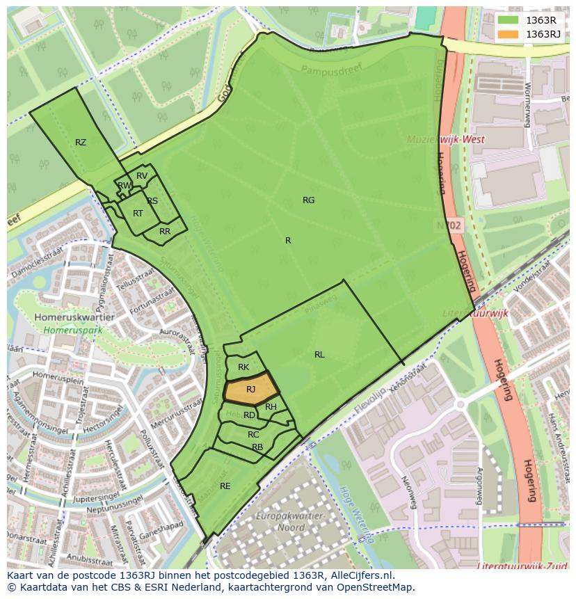 Afbeelding van het postcodegebied 1363 RJ op de kaart.