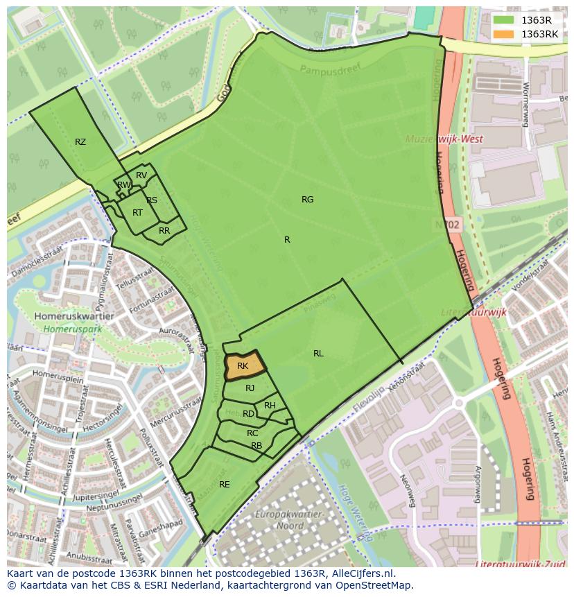 Afbeelding van het postcodegebied 1363 RK op de kaart.