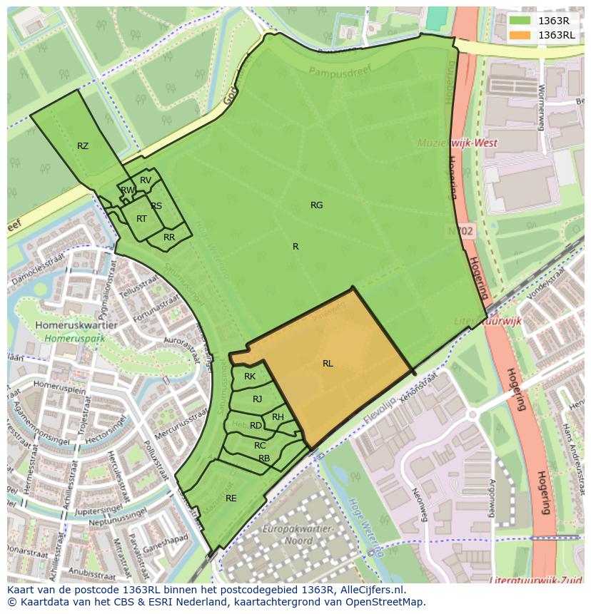 Afbeelding van het postcodegebied 1363 RL op de kaart.
