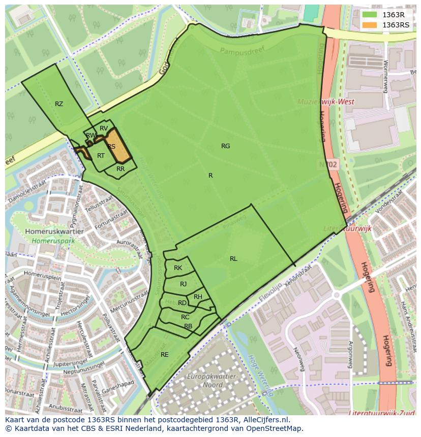 Afbeelding van het postcodegebied 1363 RS op de kaart.