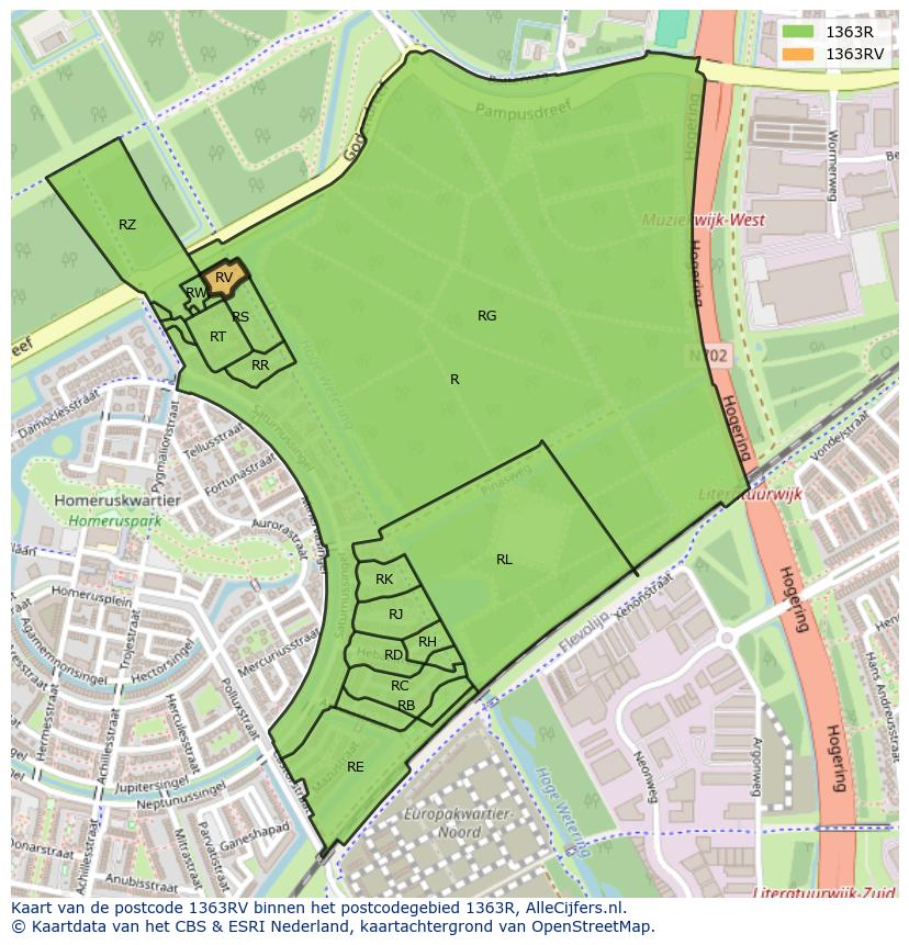 Afbeelding van het postcodegebied 1363 RV op de kaart.