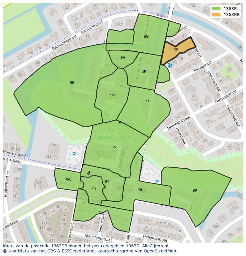 Afbeelding van het postcodegebied 1363 SB op de kaart.