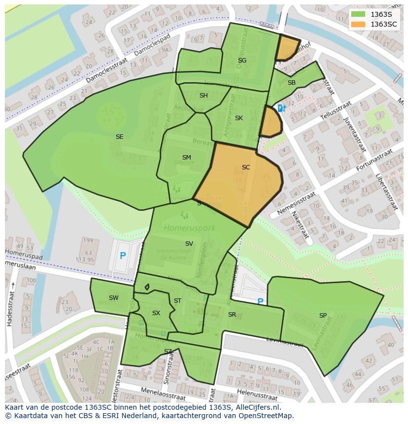 Afbeelding van het postcodegebied 1363 SC op de kaart.